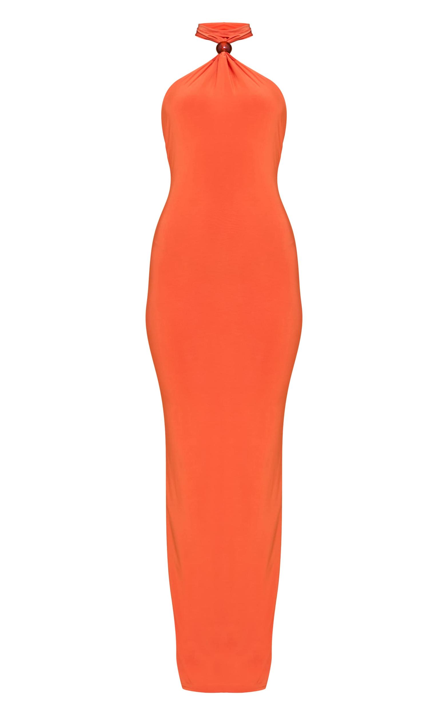Burnt Orange Slinky Bead Detail Halter Maxi Dress Product Image