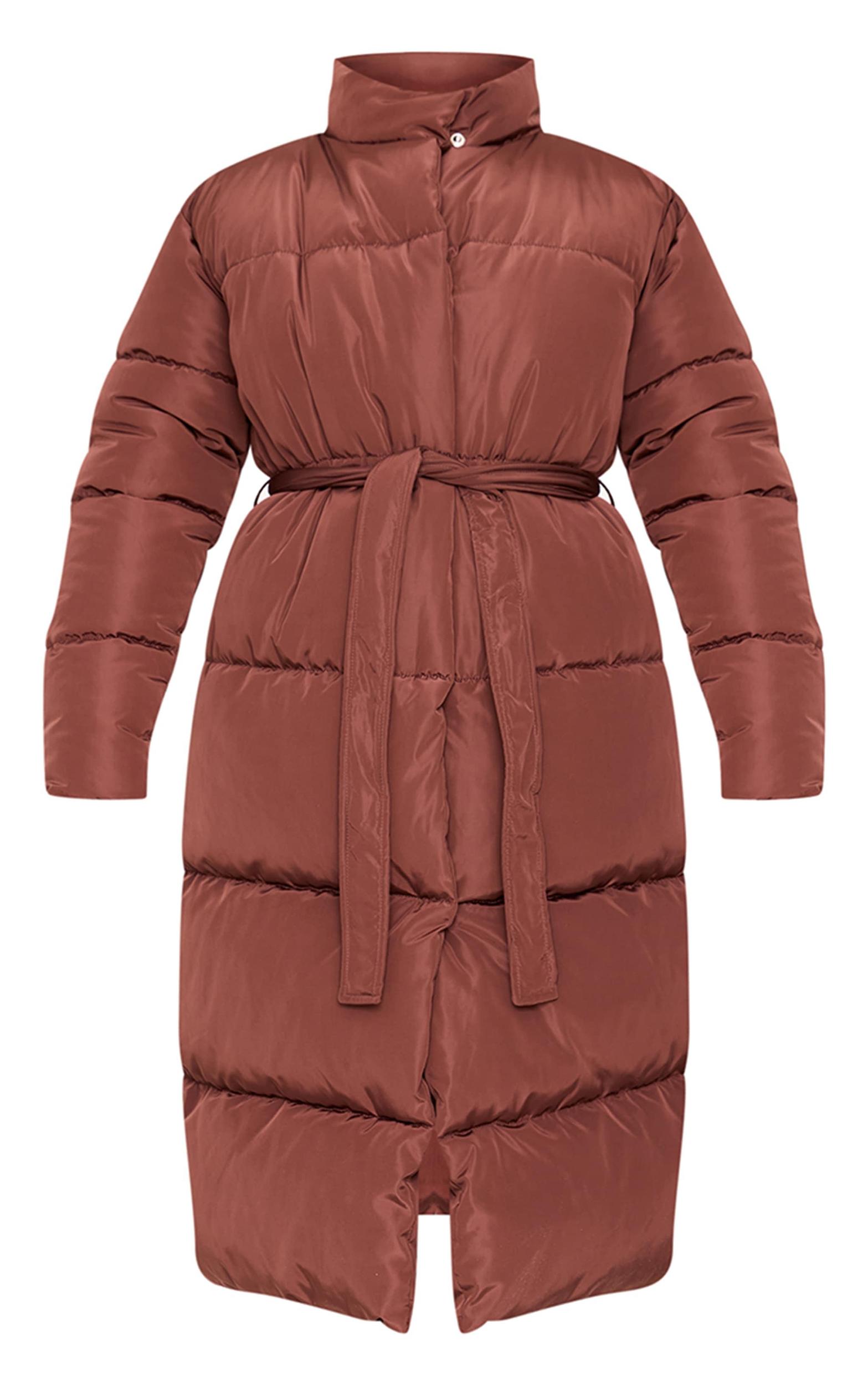 Mocha Quilted Longline Tie Waist Puffer Coat Product Image
