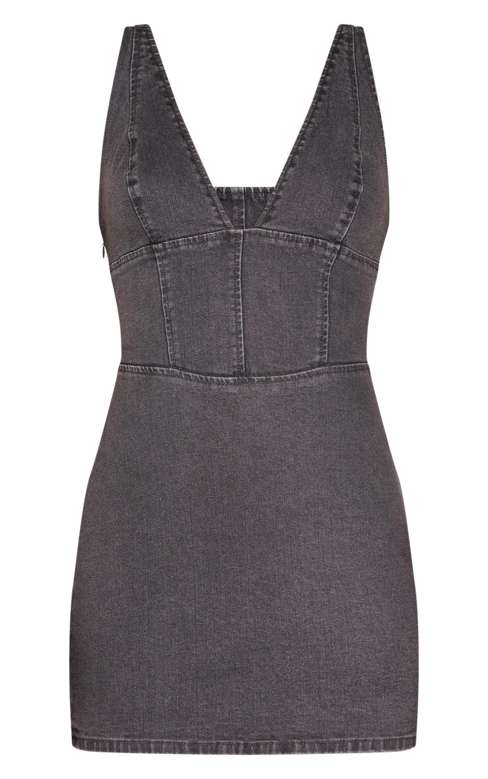 Washed Grey Plunge Corset Style Denim Mini Dress Product Image