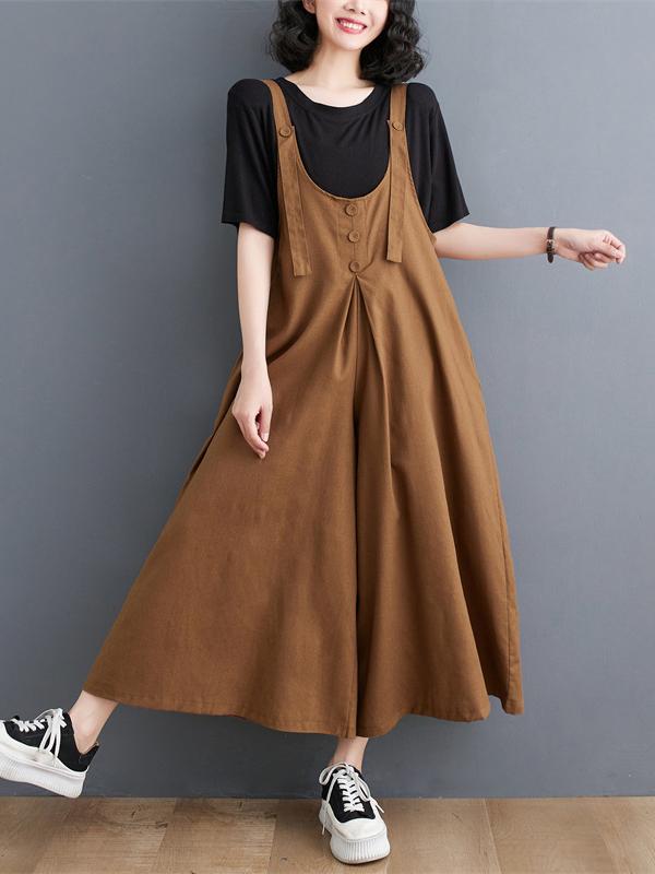 Ninth Pants Wide Leg Buttoned Solid Color Spaghetti-Neck Overalls Product Image