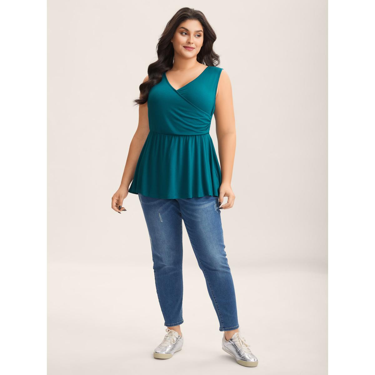 Plus Size Overlap Front Stretchy Gathered Tank Top Women Aegean Overlapping Overlap Collar Everyday-Casual Tank Tops Camis BloomChic 18-20/2X Product Image