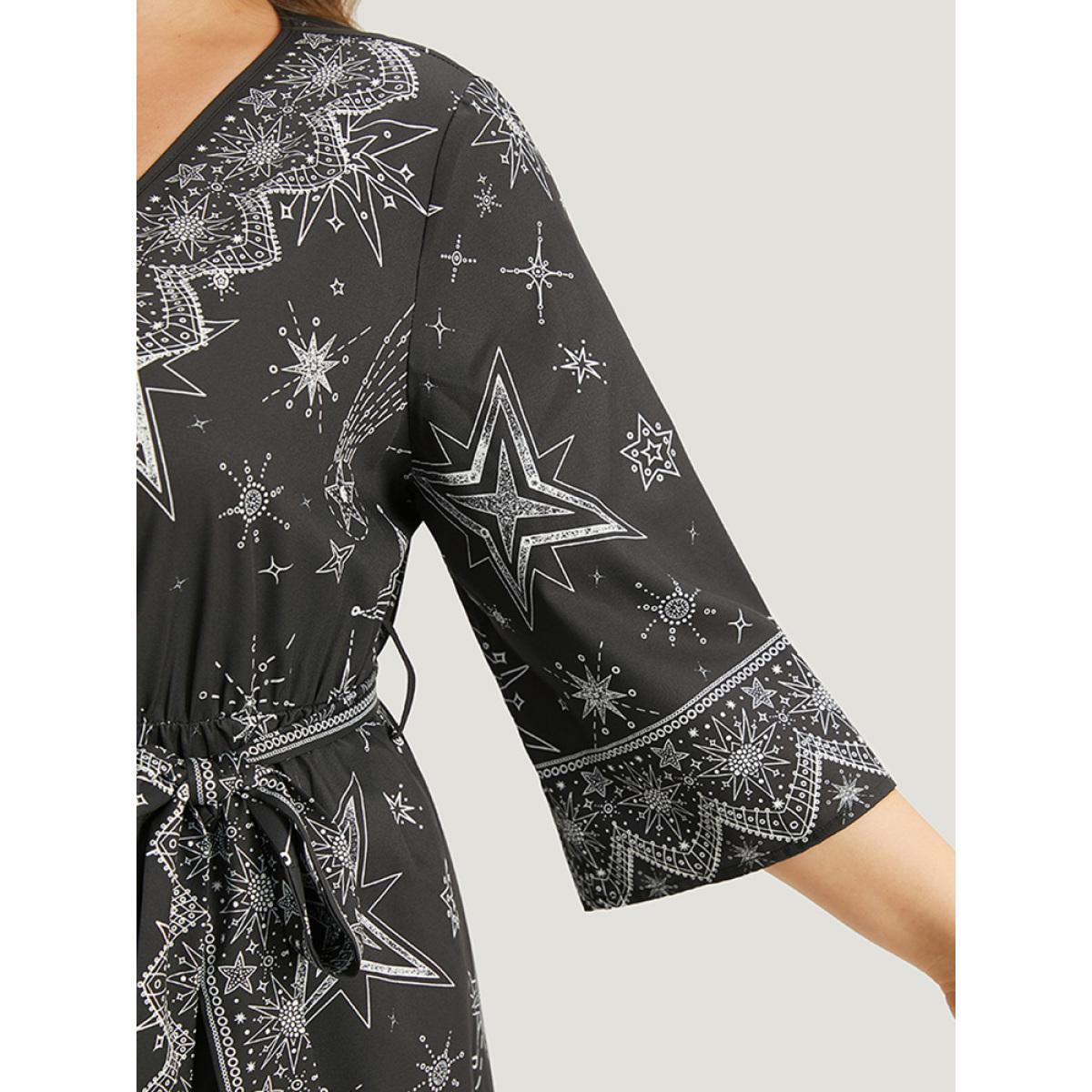 Plus Size Black Halloween Star Print Belted V Neck Jumpsuit Women Elegant Elbow-length sleeve V-neck Festival-Halloween Loose Jumpsuits BloomChic 30/6X Product Image
