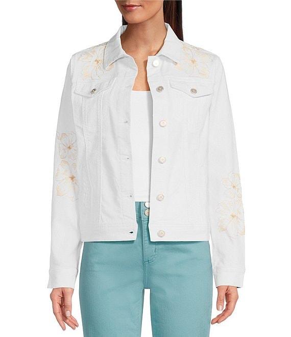 Code Bleu Floral Embroidered Point Collar Long Sleeve Denim Jacket Product Image