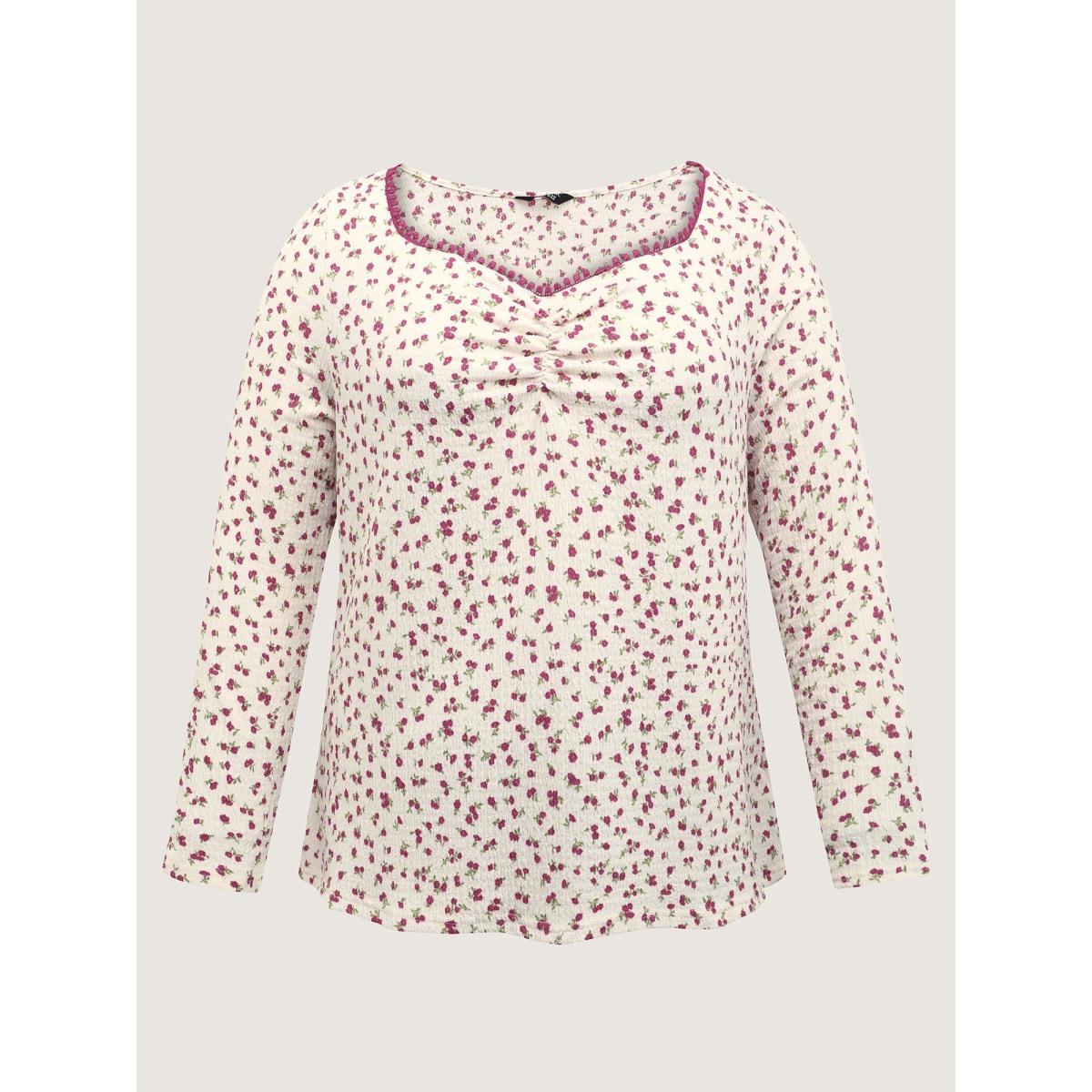 Plus Size Cherry Print Pleated Stretchy T-Shirt Ivory Women Timeless Woven ribbon&lace trim Square Neck Elegant T-shirts BloomChic 18-20/2X Product Image