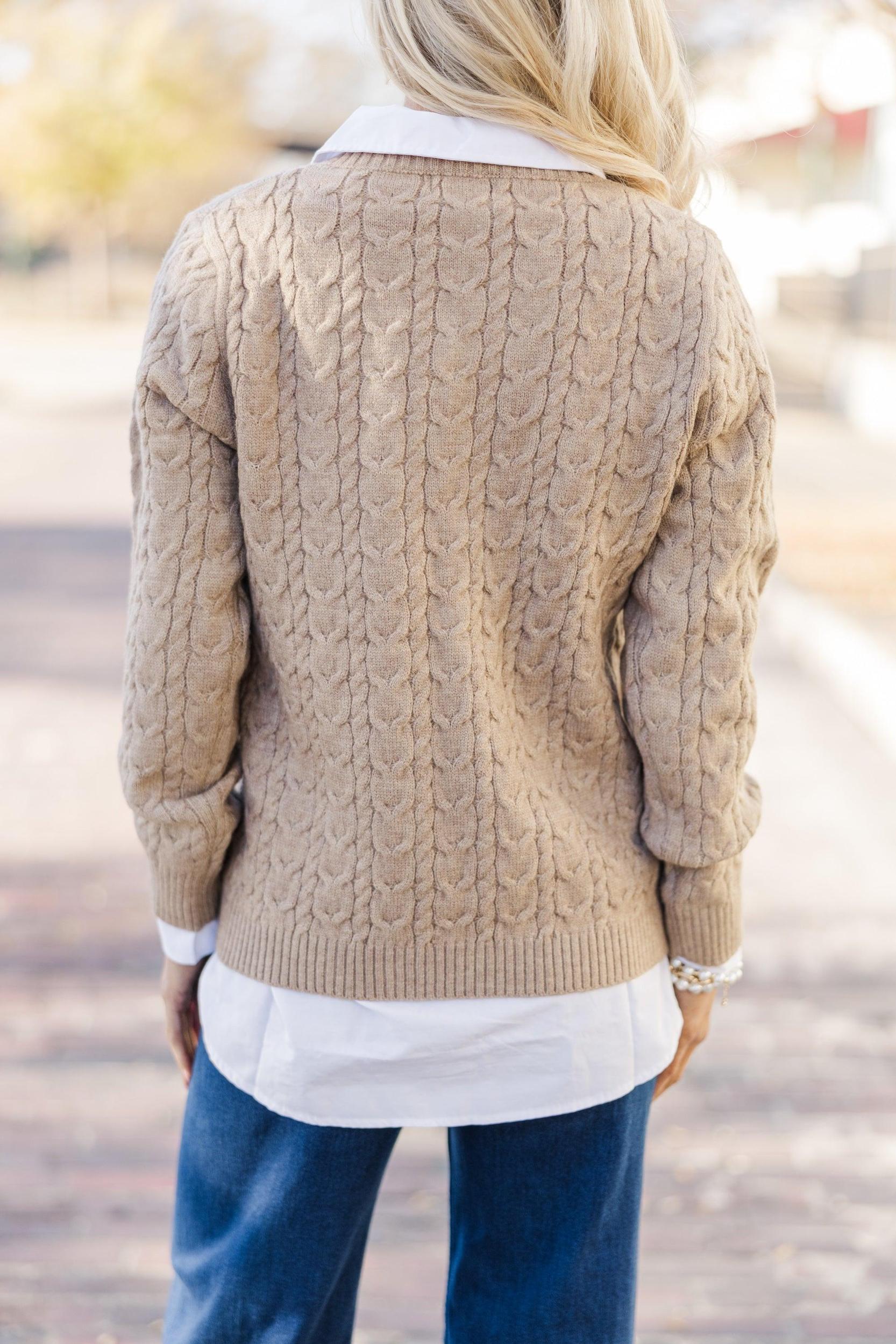 Can't Forget Taupe Dachshund Cable Knit Sweater Female Product Image