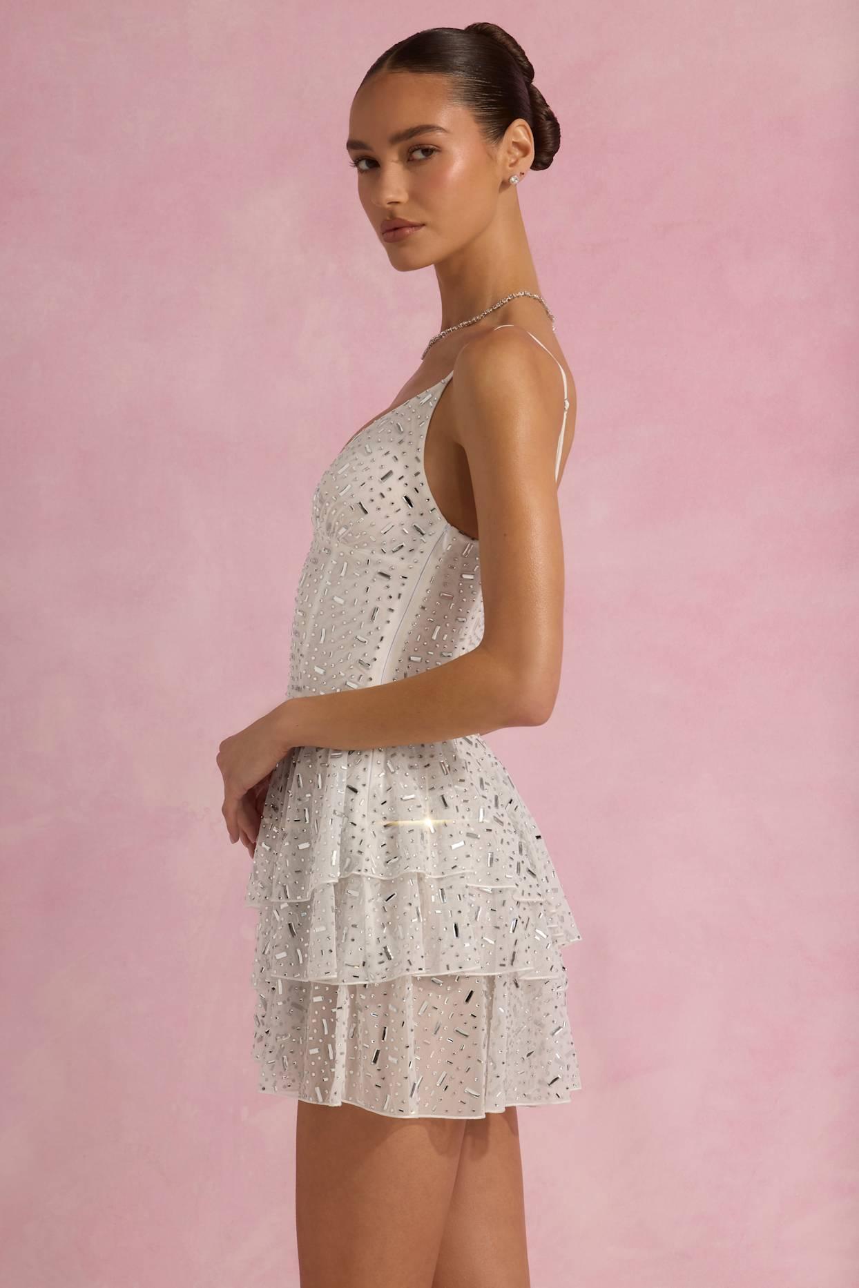 Embellished Ruffled Tiered Mini Dress in White Product Image