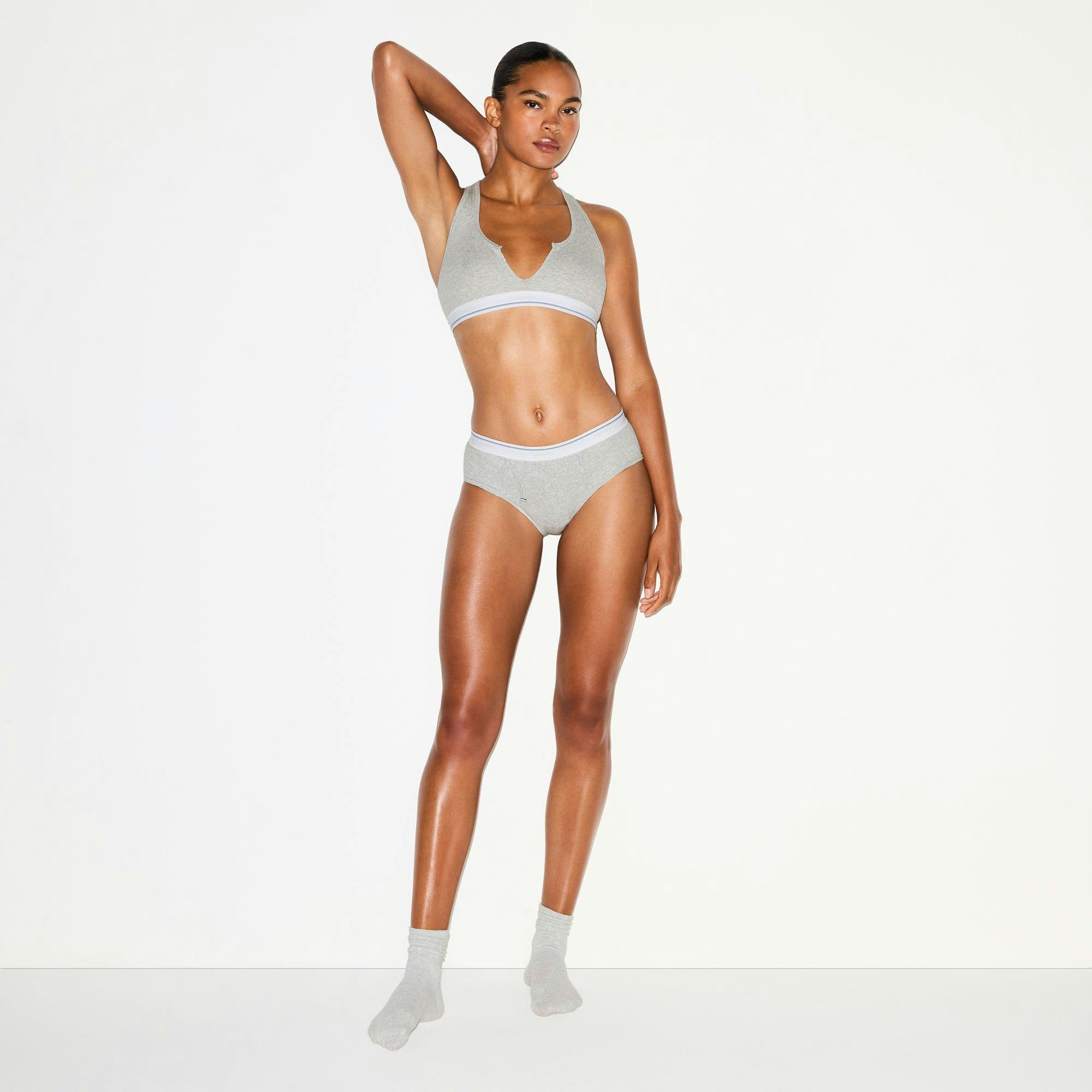 COTTON RIB SPLIT NECK BRALETTE | LIGHT HEATHER GREY STRIPE Product Image