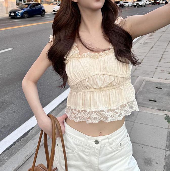 Square Neck Peplum Lace Trim Crop Tank Top Product Image