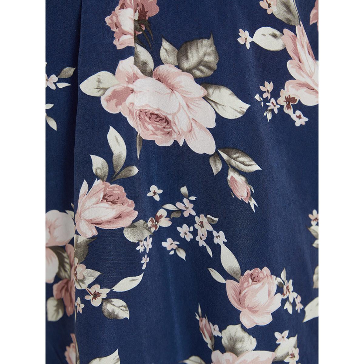 Plus Size Indigo Floral Print V Neck Plicated Detail Tab Sleeve Blouse Women Elegant Half Sleeve V-neck Dailywear Blouses BloomChic 10/M Product Image