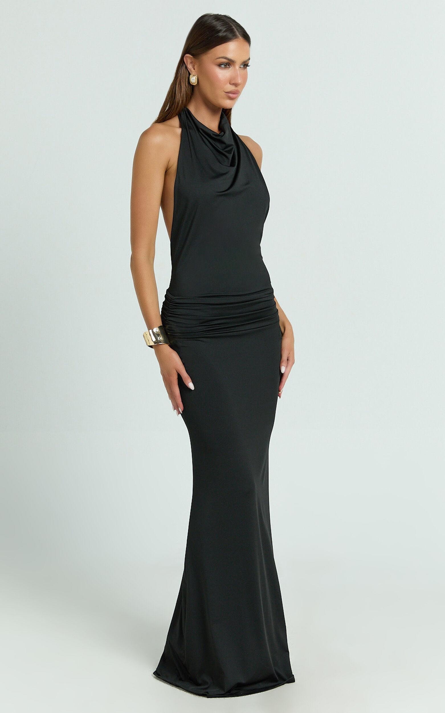 Lizzy Maxi Dress - Backless Ruched Bodycon Dress in Black Product Image