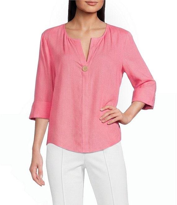 Investments Petite Size 3/4 Sleeve Split V-Neck Button Shirt Product Image