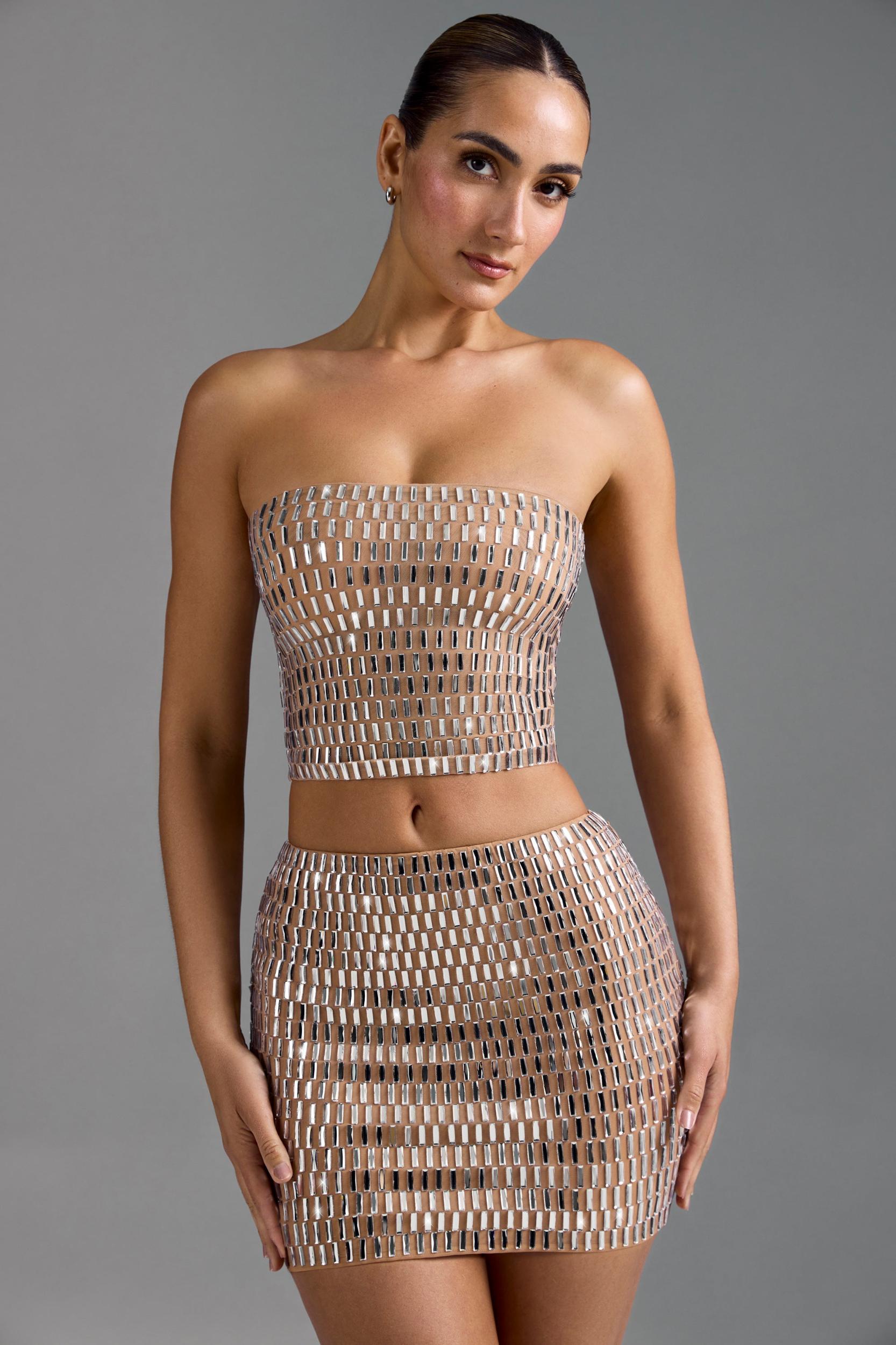 Embellished Low-Rise Micro Mini Skirt in Almond Product Image