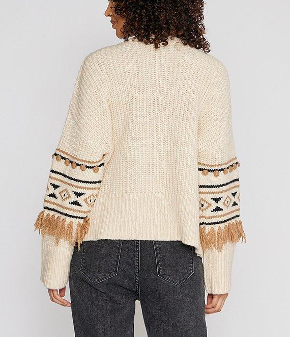 Driftwood Geometric 3D Tassel Pom-Pom Knit Crew Neck Long Sleeve Pullover Sweater Product Image
