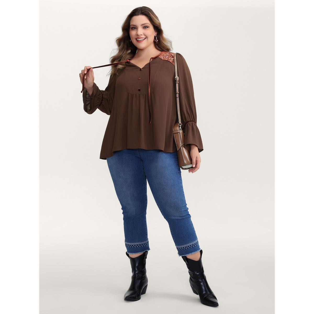 Plus Size Browncoffeecolor Embroidered Pleated Ruffled Sleeve Blouse Women Boho Long Sleeve Flat collar with V-notch Vacation Blouses BloomChic 30/6X Product Image