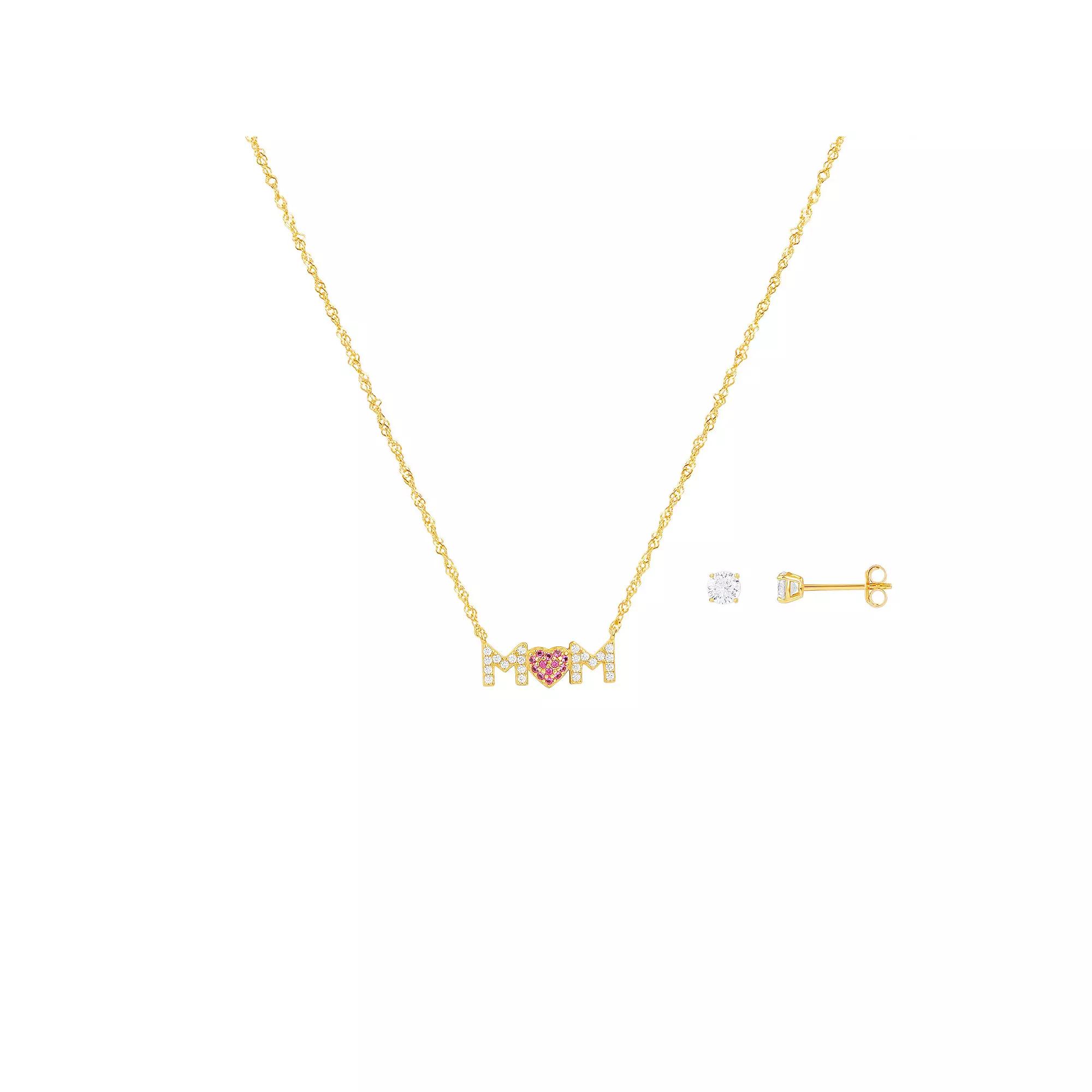 PRIMROSE 18k Gold Plated Pink & White Cubic Zirconia MOM Necklace & Stud Earring Set, Women's, Size: 18", Gold Tone Product Image