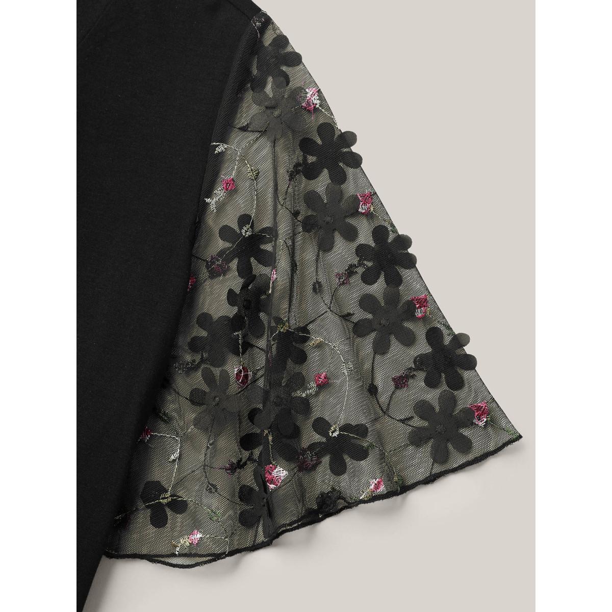 Plus Size Sheer Mesh Sleeve Stretchy T-Shirt Black Women Elegant See through V-neck Everyday T-shirts BloomChic 12/L Product Image