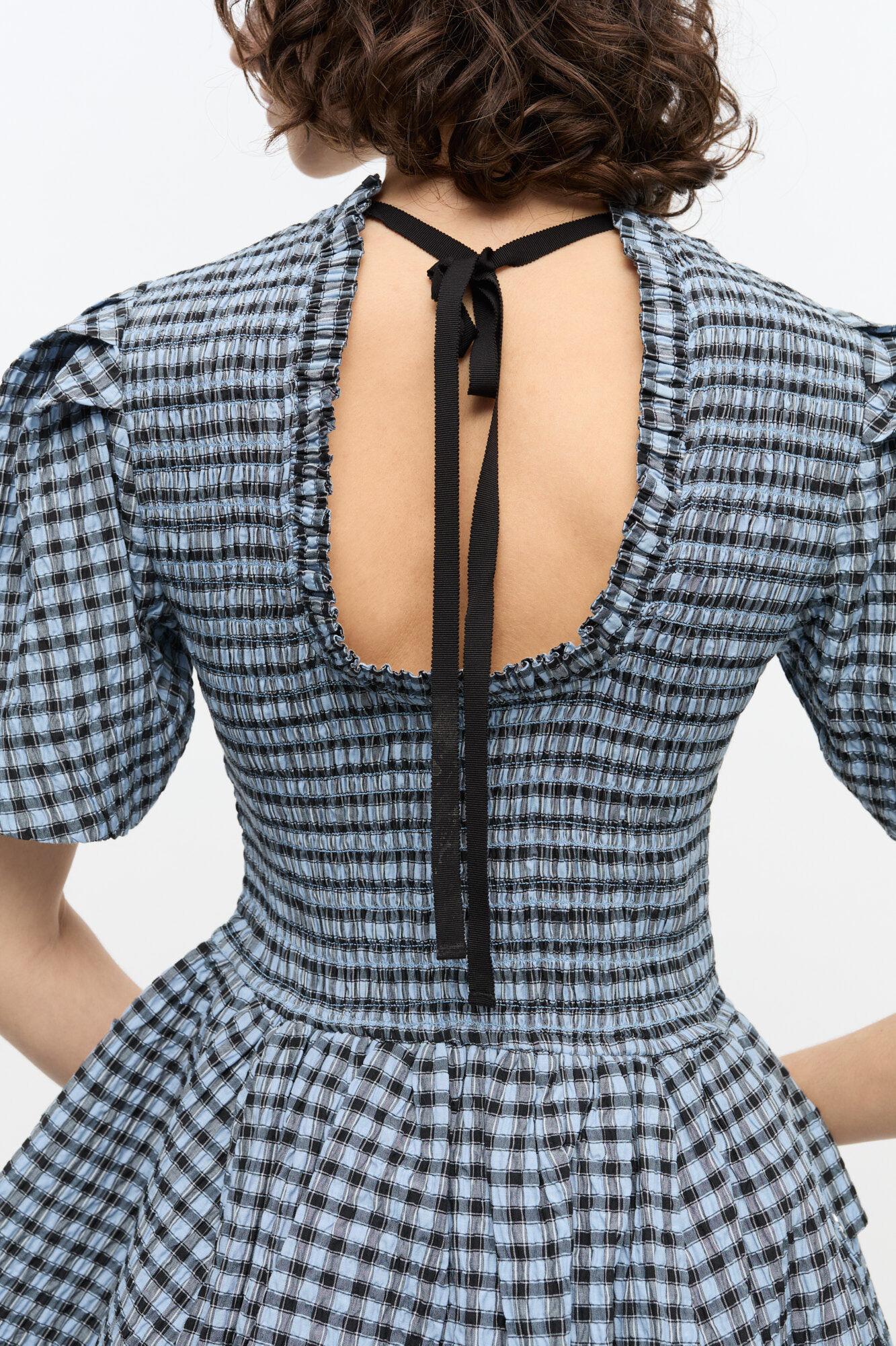 Blue Seersucker Check Mini Smock Dress Product Image