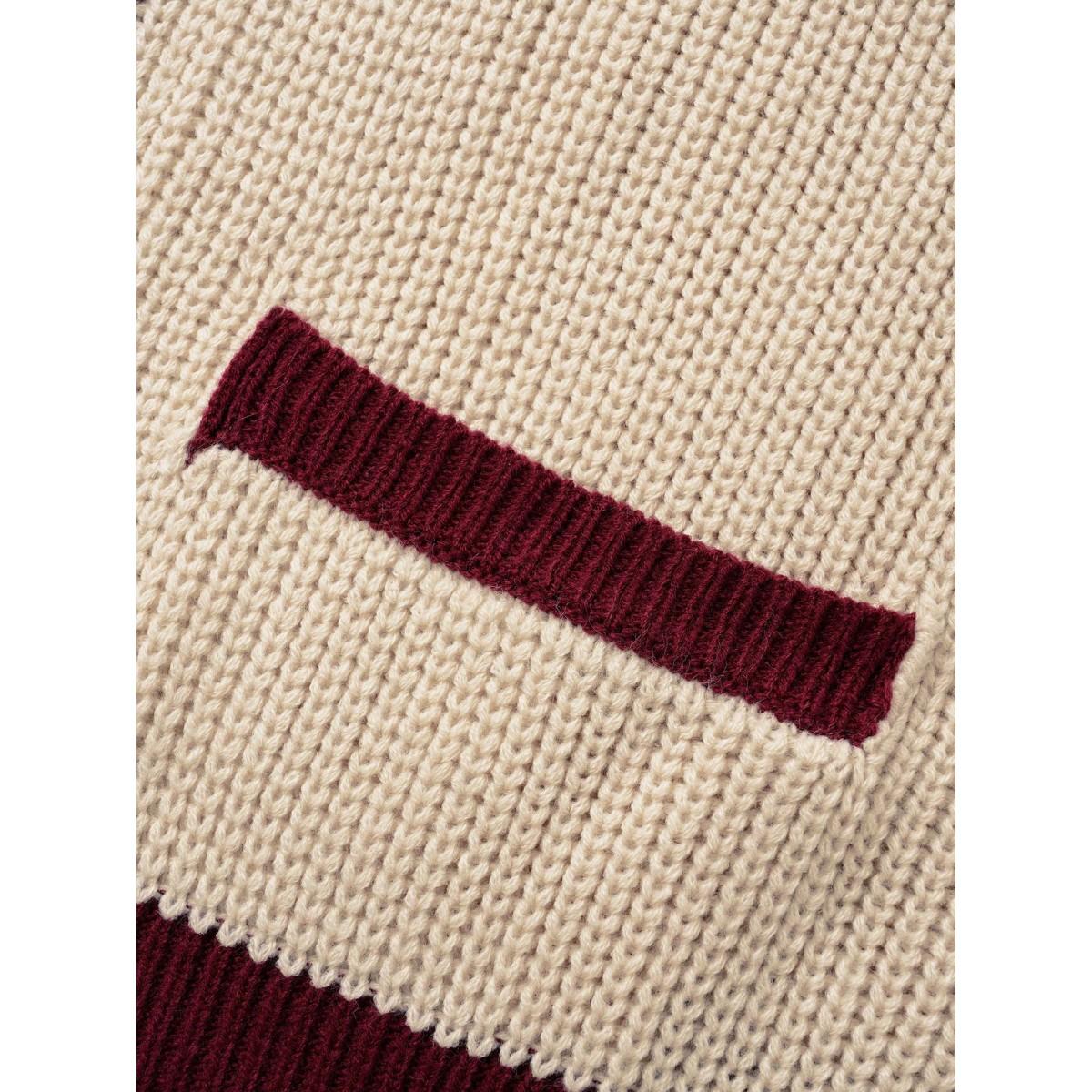 Plus Size Colorblock Contrast Cable Knit Pocket Cardigan Maroon Women Casual Loose Long Sleeve Everyday Cardigans BloomChic 28/5X Product Image