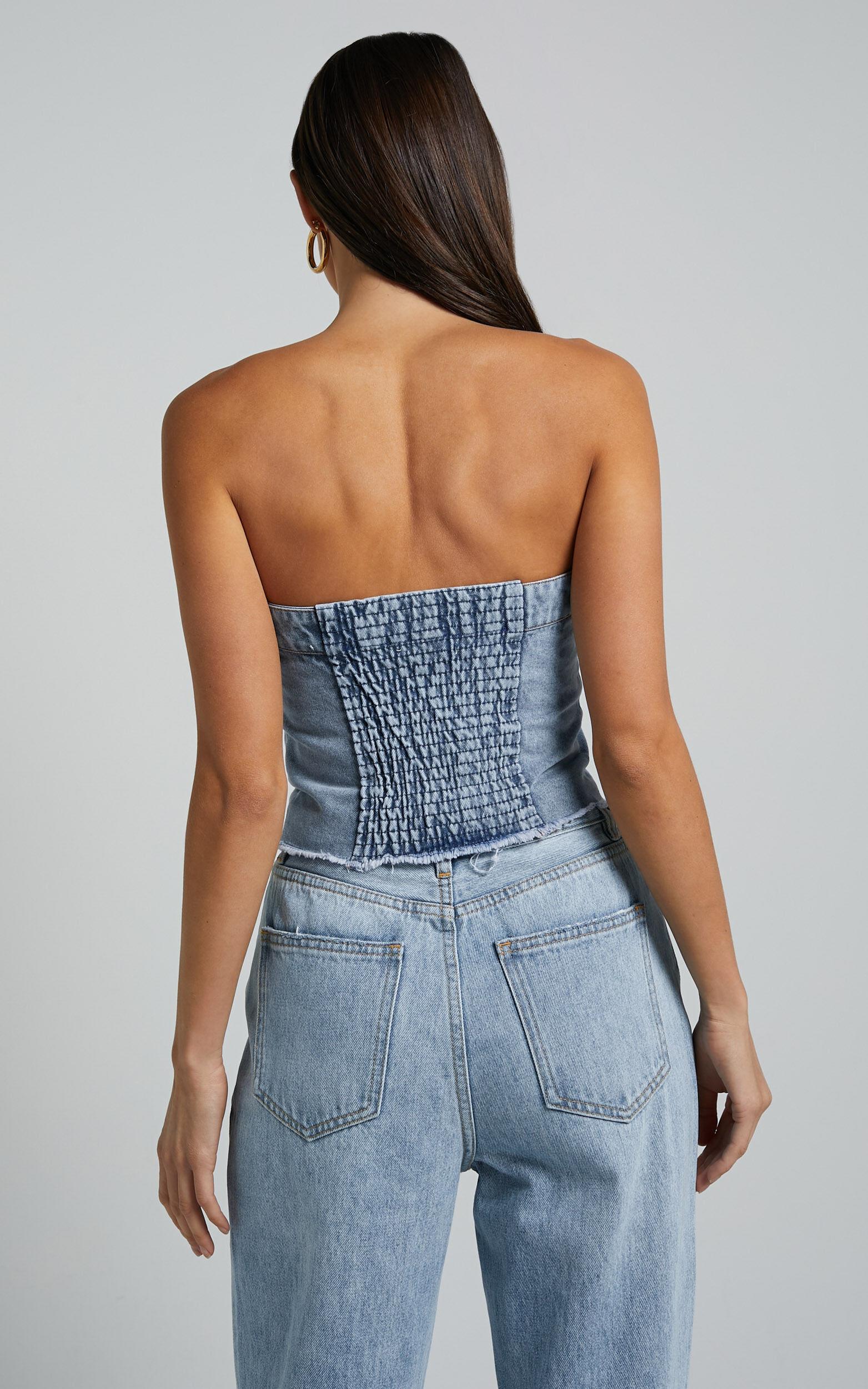 Aubrielle Bustier - Denim Bustier with Pocket Details in Indigo Wash Product Image