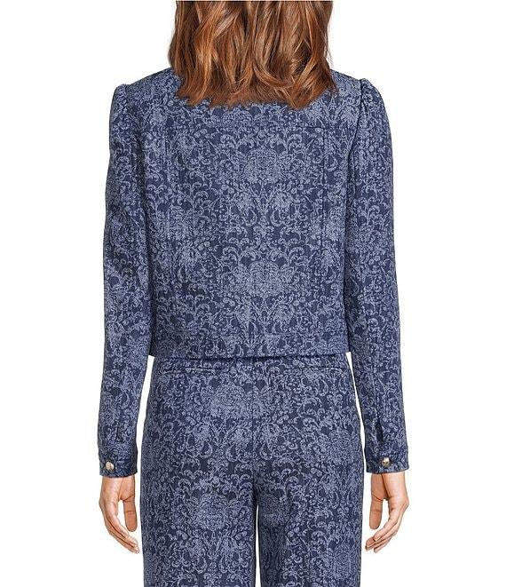 KARL LAGERFELD PARIS Coordinating Denim Damask Point Collar Long Sleeve Cropped Jacket Product Image