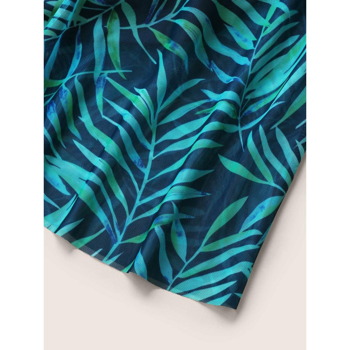 Plus Size Tropical Plant Print Drawstring Swim Dress Women's Swimwear DarkGreen Beach Bodycon V-neck High stretch Curve Swim Dresses BloomChic 26/4X Product Image