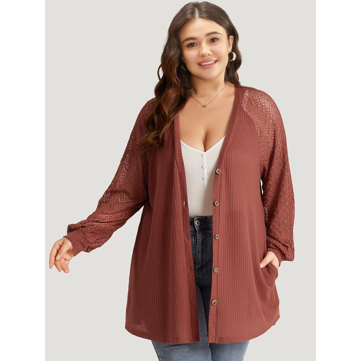 Plus Size Solid Button Through Pocket Mesh Raglan Sleeve Kimono Women Rust Casual See through Loose Pocket Dailywear Kimonos BloomChic 30/6X Product Image