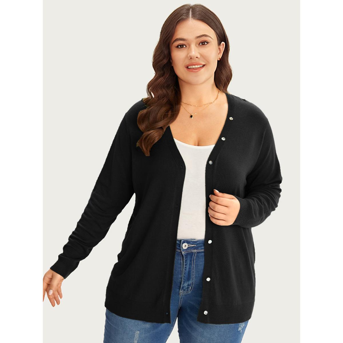 Plus Size Supersoft Essentials Plain Button Detail Very Stretchy Cardigan Black Women Casual Loose Long Sleeve Everyday Cardigans BloomChic 18-20/2X Product Image