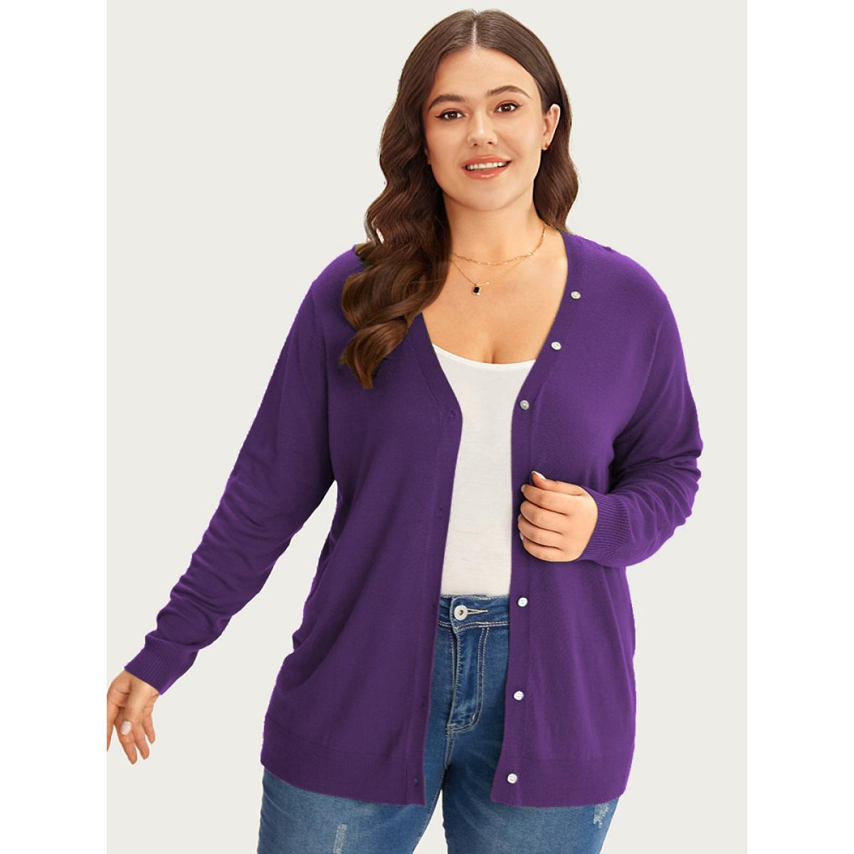 Plus Size Supersoft Essentials Plain Button Detail Very Stretchy Cardigan Blackcurrant Women Casual Loose Long Sleeve Everyday Cardigans BloomChic 28/5X Product Image