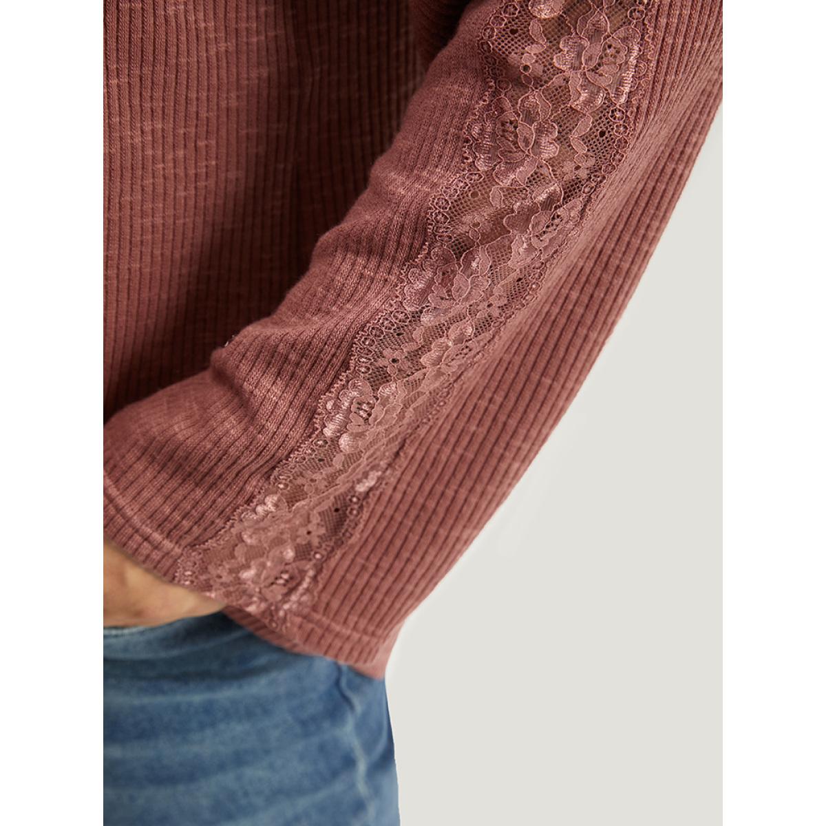 Plus Size Rib Knit Lace Panel Raglan Sleeve T-shirt DustyPink Women Elegant Texture Plain V-neck Dailywear T-shirts BloomChic 28/5X Product Image