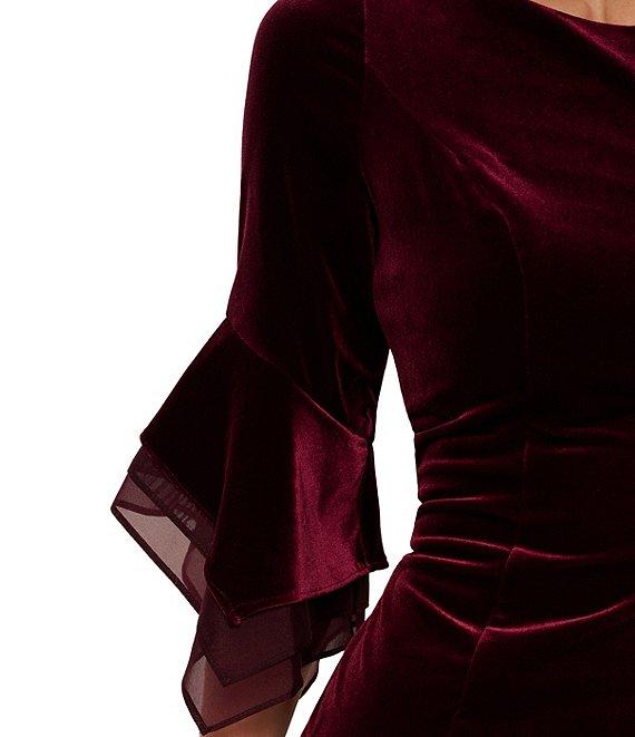 Adrianna Papell Stretch Velvet Boat Neck 3/4 Tiered Bell Sleeve Sheath Dress Product Image