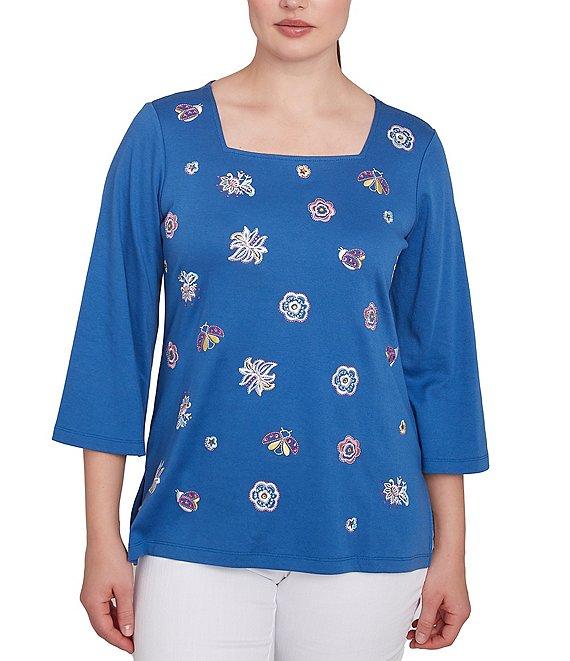 Ruby Rd. Petite Size Embroidered Knit Square Neck 3/4 Sleeve Top Product Image