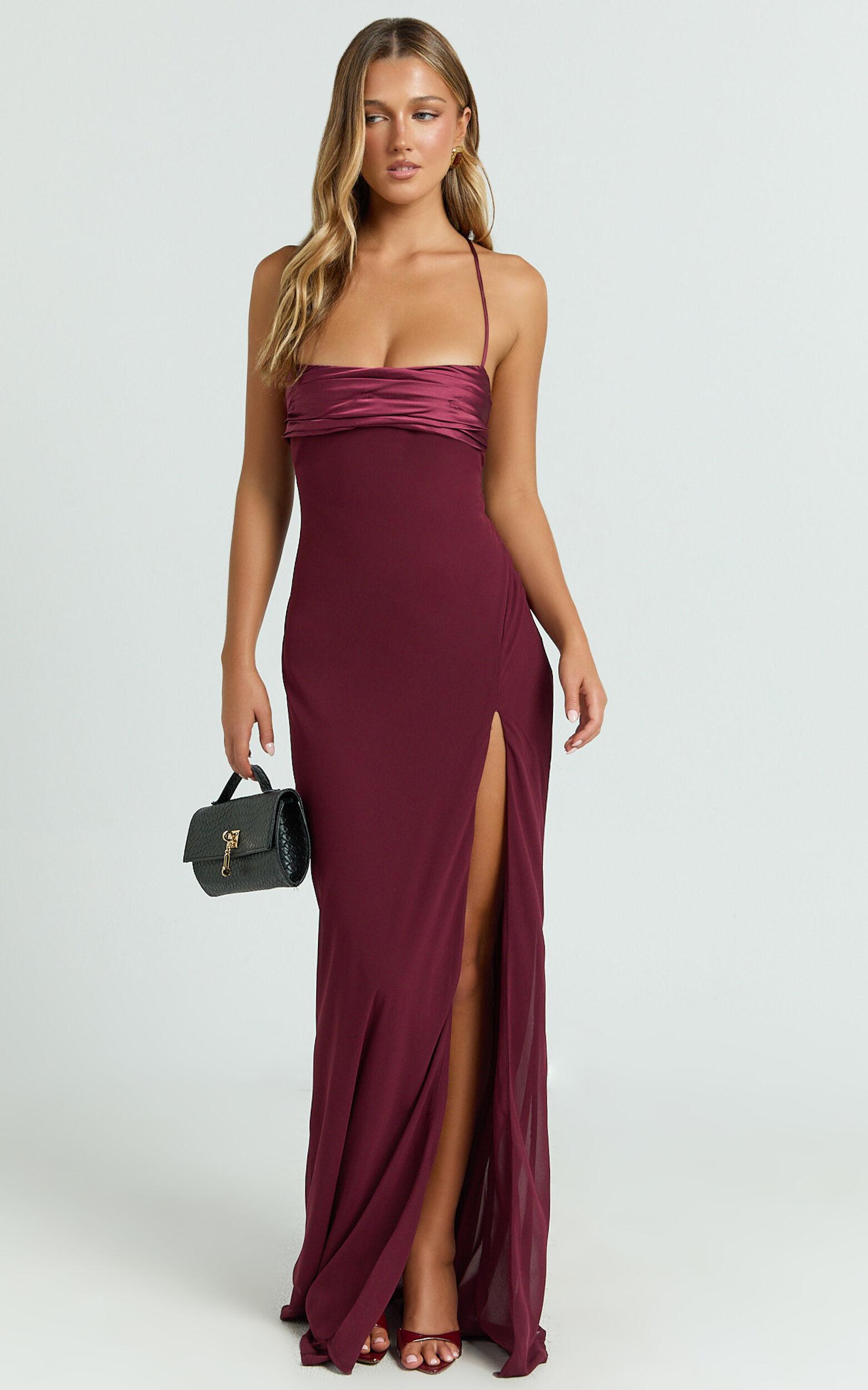 Sonya Maxi Dress - Cowl Neck Asymmetric Fit And Flare Dress in Wine Product Image