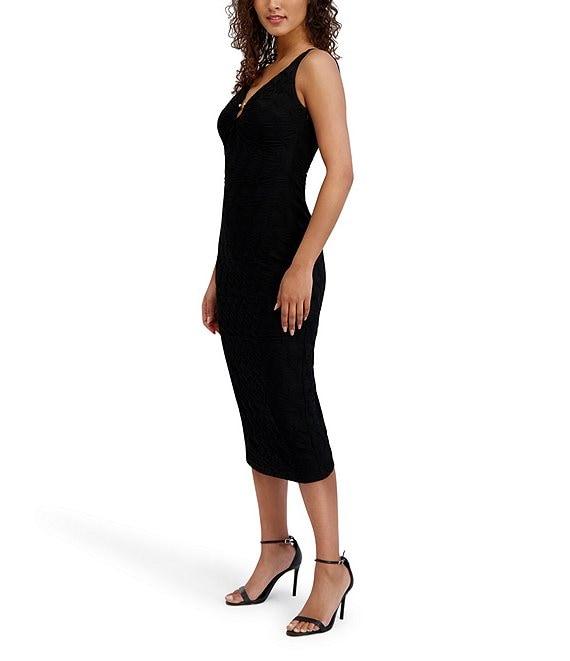 SIENA Texture Knit V-Neck Sleeveless Hardware Sheath Dress Product Image
