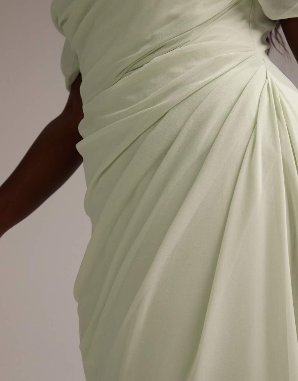ASOS DESIGN Curve Bridesmaids draped off the shoulder midaxi dress in light green Product Image
