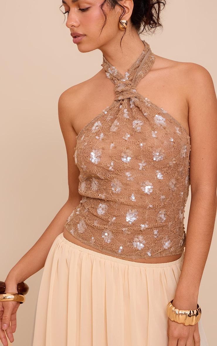 Brown Sequin Textured Halterneck Product Image