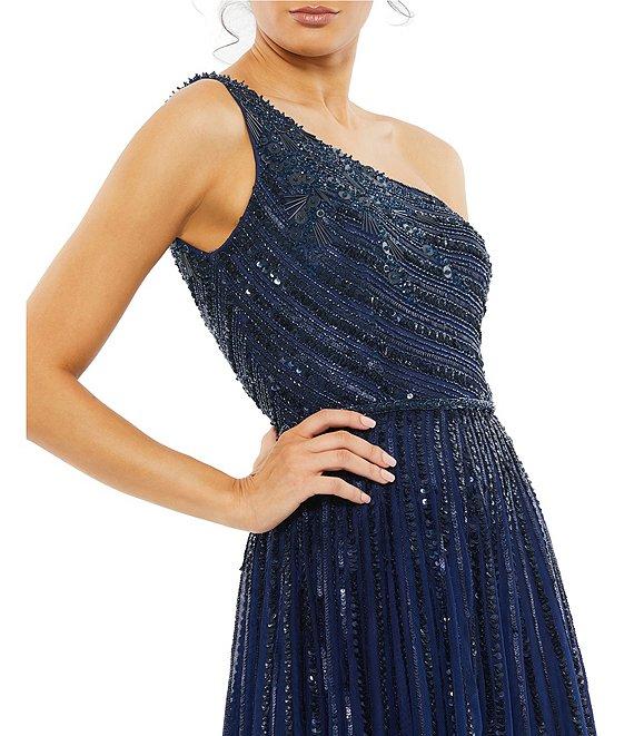 Mac Duggal Beaded One Shoulder Sleeveless Sequin A-Line Gown Product Image