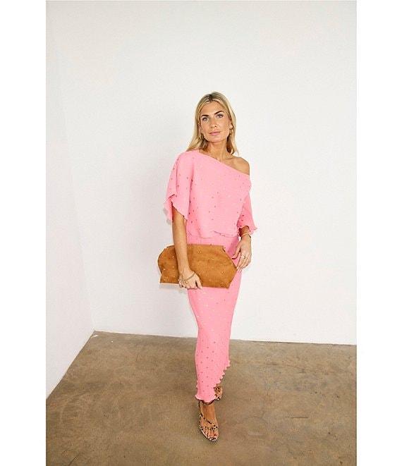 Never Fully Dressed Tilly Plisse Silver Fleck Print One Shoulder Neck Short Sleeve Midi Dress Product Image