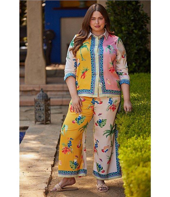 Skies Are Blue Plus Size Coordinating Border Print Long Sleeve Woven Blouse Product Image