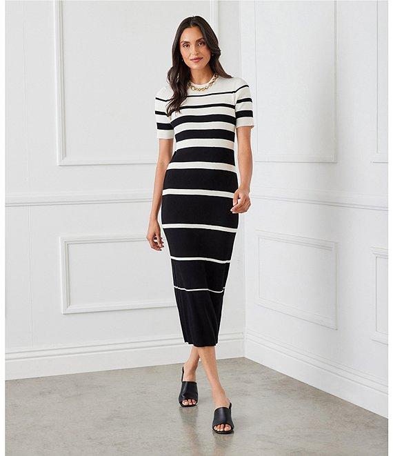 Karen Kane Crew Neck Short Sleeves Stripe Ribbed Sweater Midi Dress Product Image