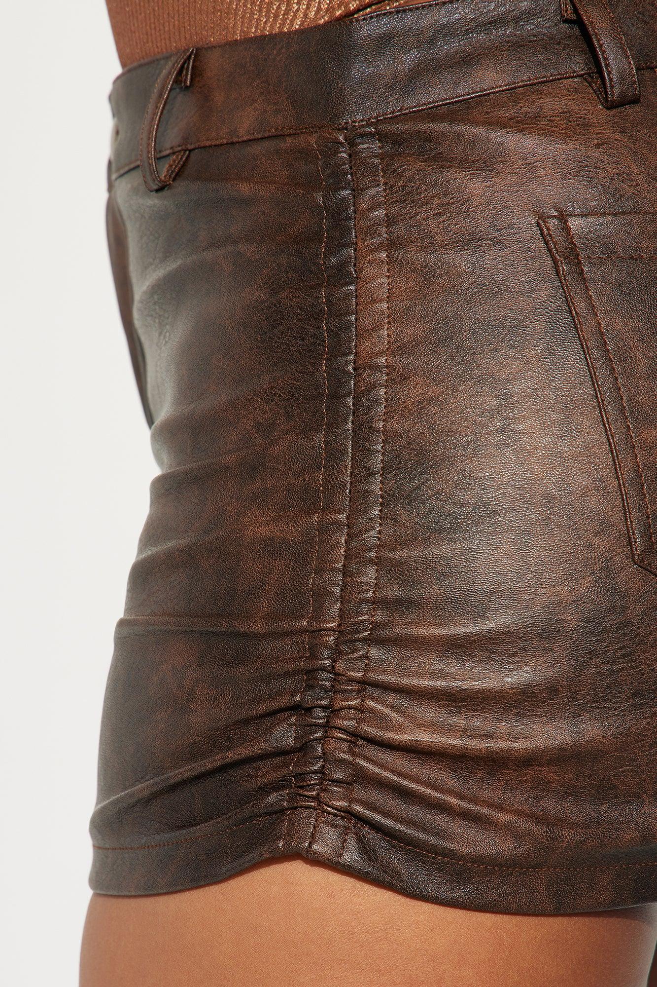 All Ruched Up Washed Faux Leather Mini Skirt - Brown Product Image