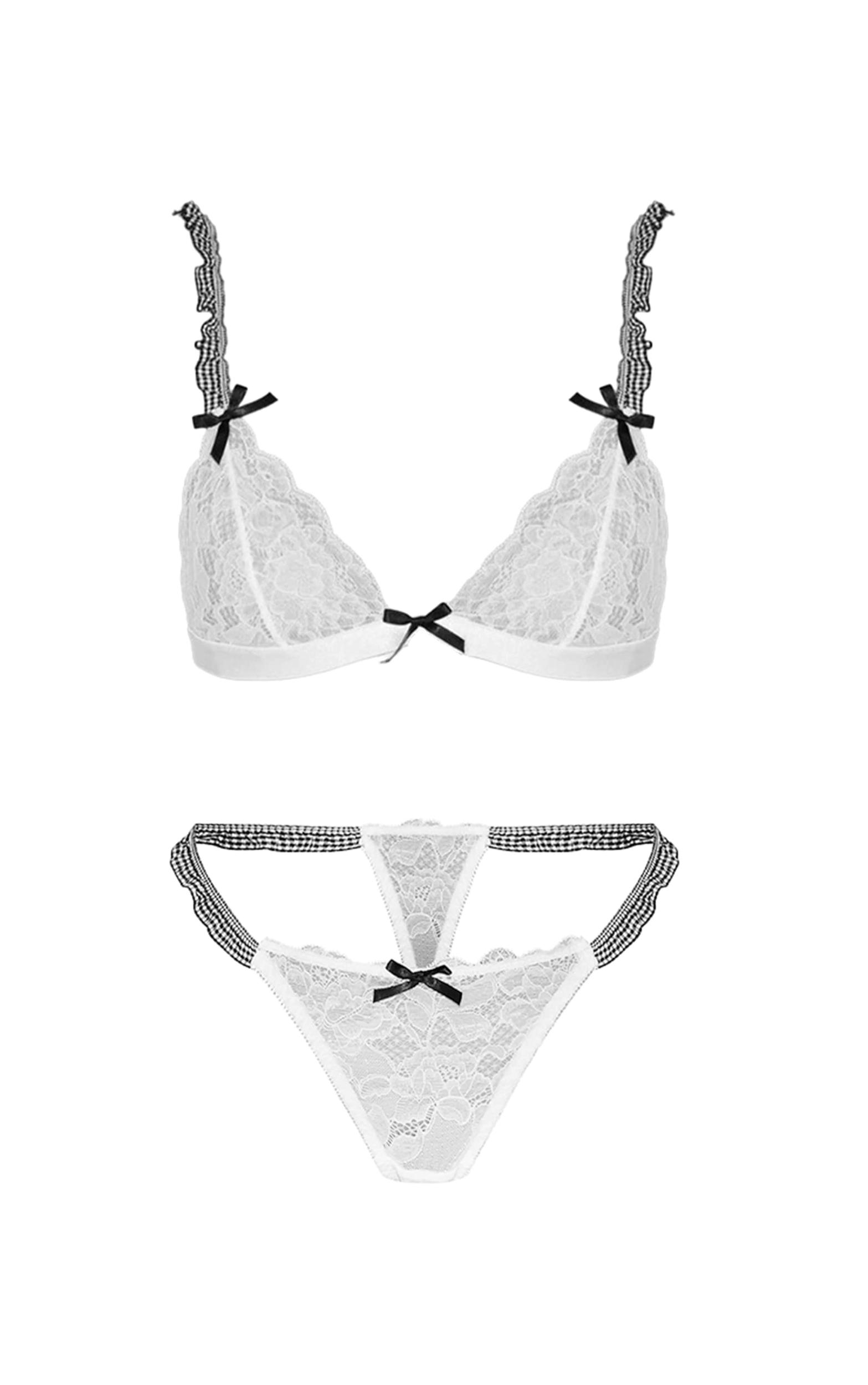 White Lace Gingham Trim Triangle Lingerie Set Product Image