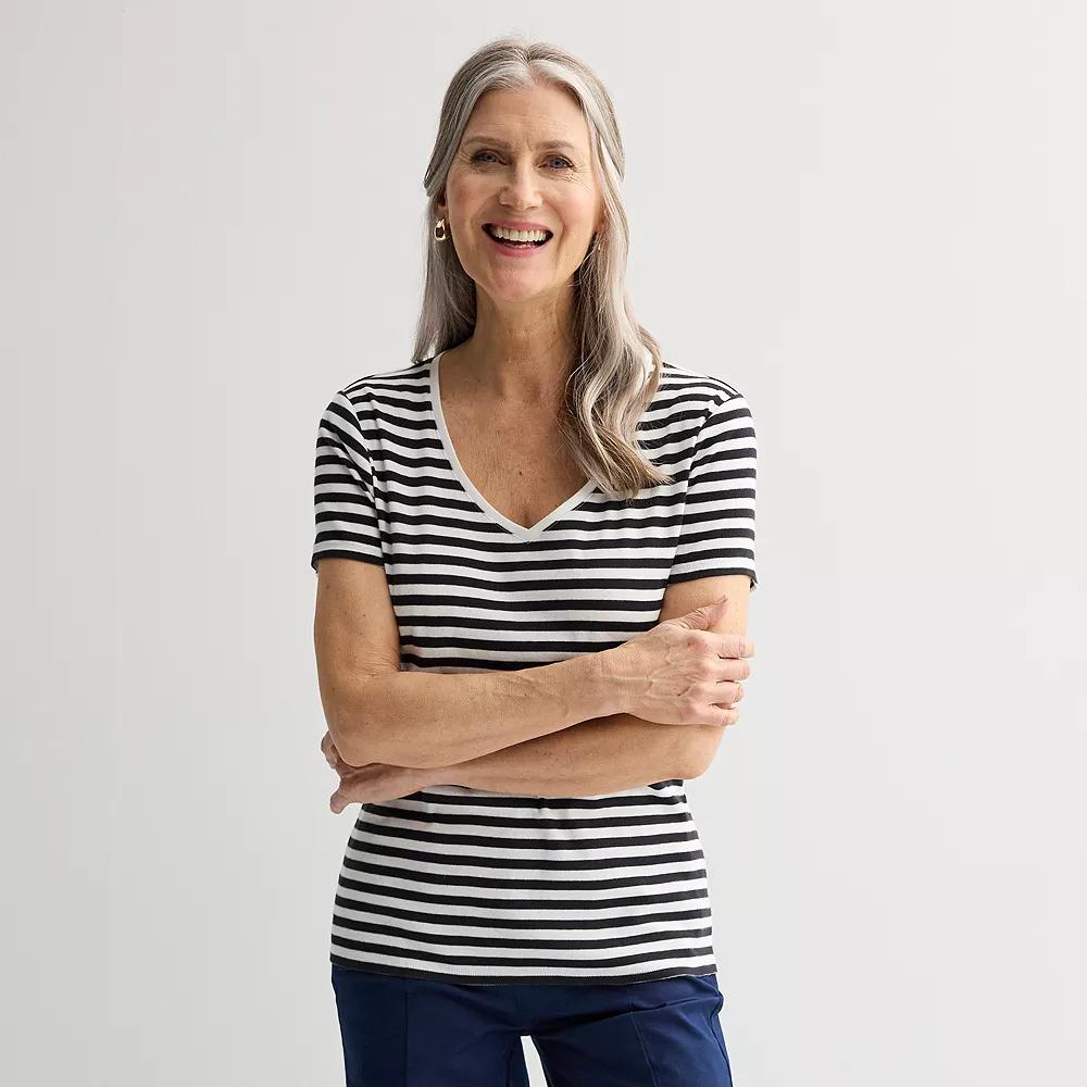Women's Croft & Barrow® Essential V-Neck Tee, Size: XL, Black Rail Stripe Product Image