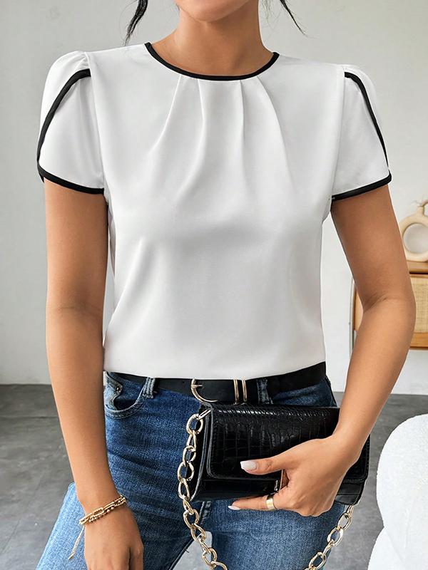 Loose Short Sleeves Hollow Pleated Round-Neck Blouses&Shirts Tops Product Image