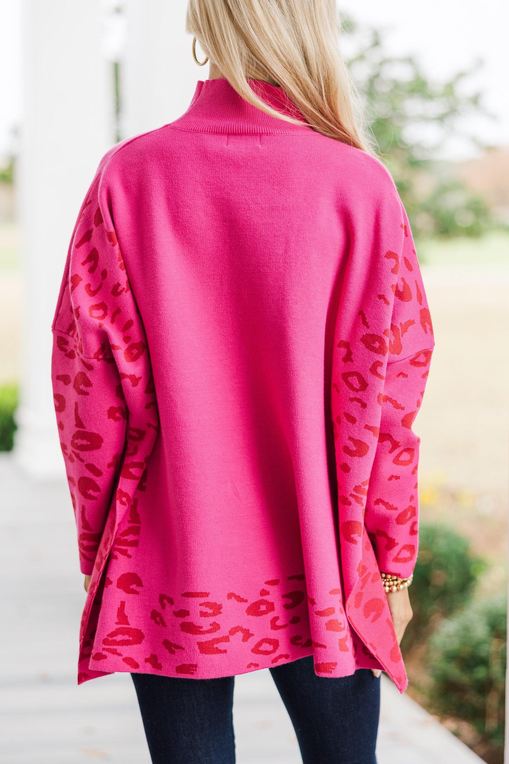 All In Theory Fuchsia Pink Leopard Sweater Tunic Female Product Image
