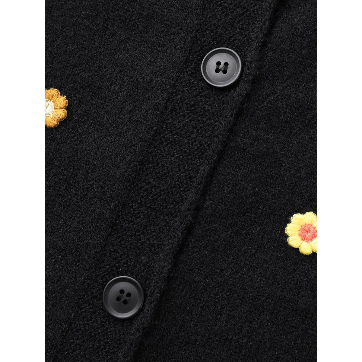 Plus Size Stereo Flower Design Button Through Cardigan Black Women Casual Loose Long Sleeve Everyday Cardigans BloomChic 10/M Product Image