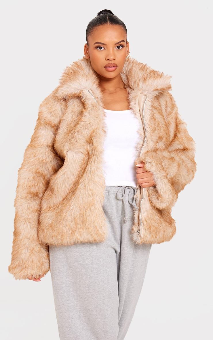 Plus Beige Tipped Faux Fur Collar Detail Jacket Product Image