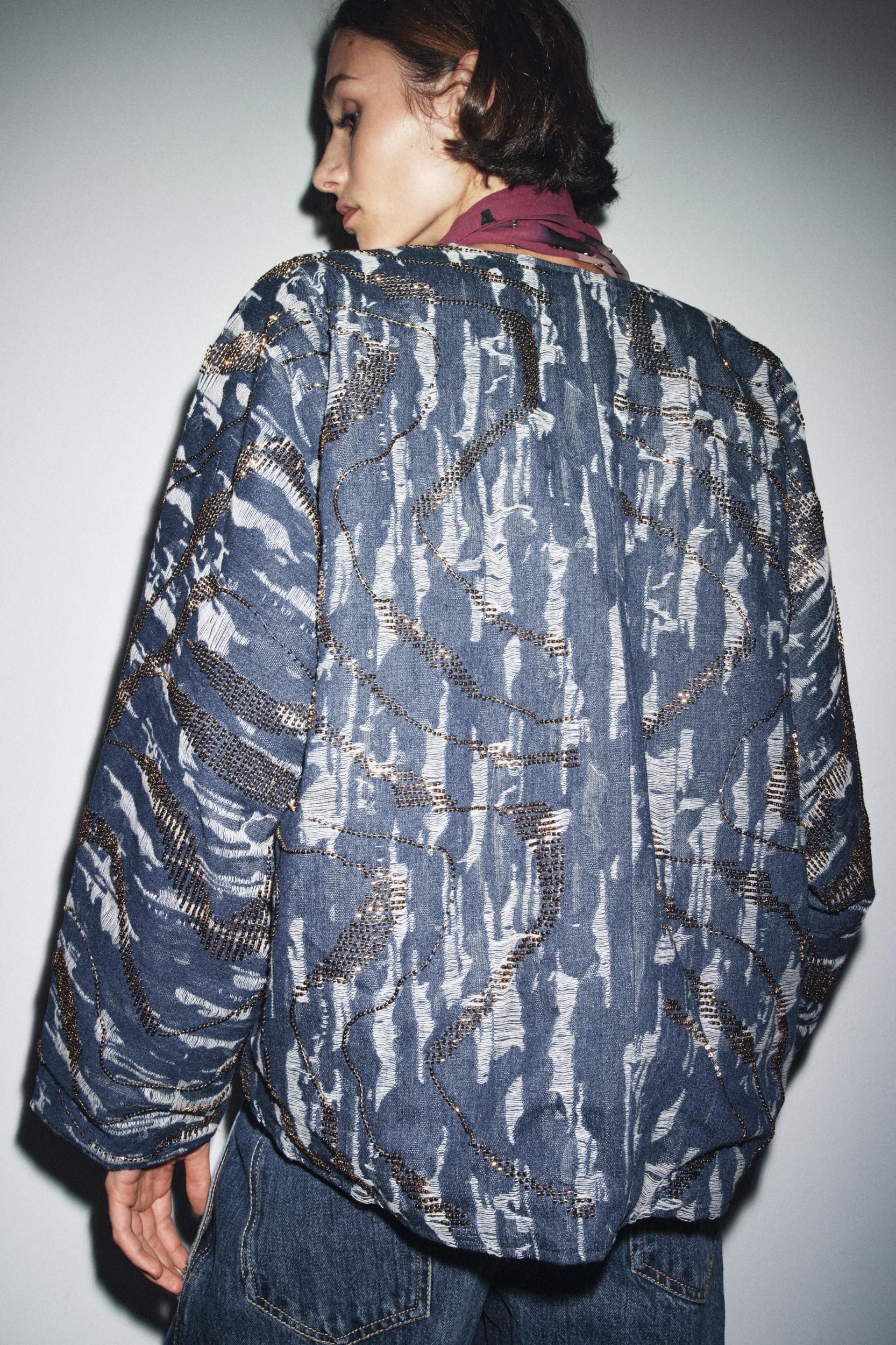 BEADED DENIM EFFECT PADDED KIMONO Product Image