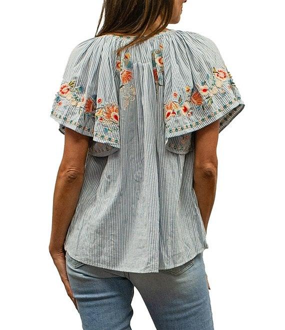 Karyn Seo Adira Floral Embroidered Tassel V-Neck Short Flutter Sleeve Top Product Image