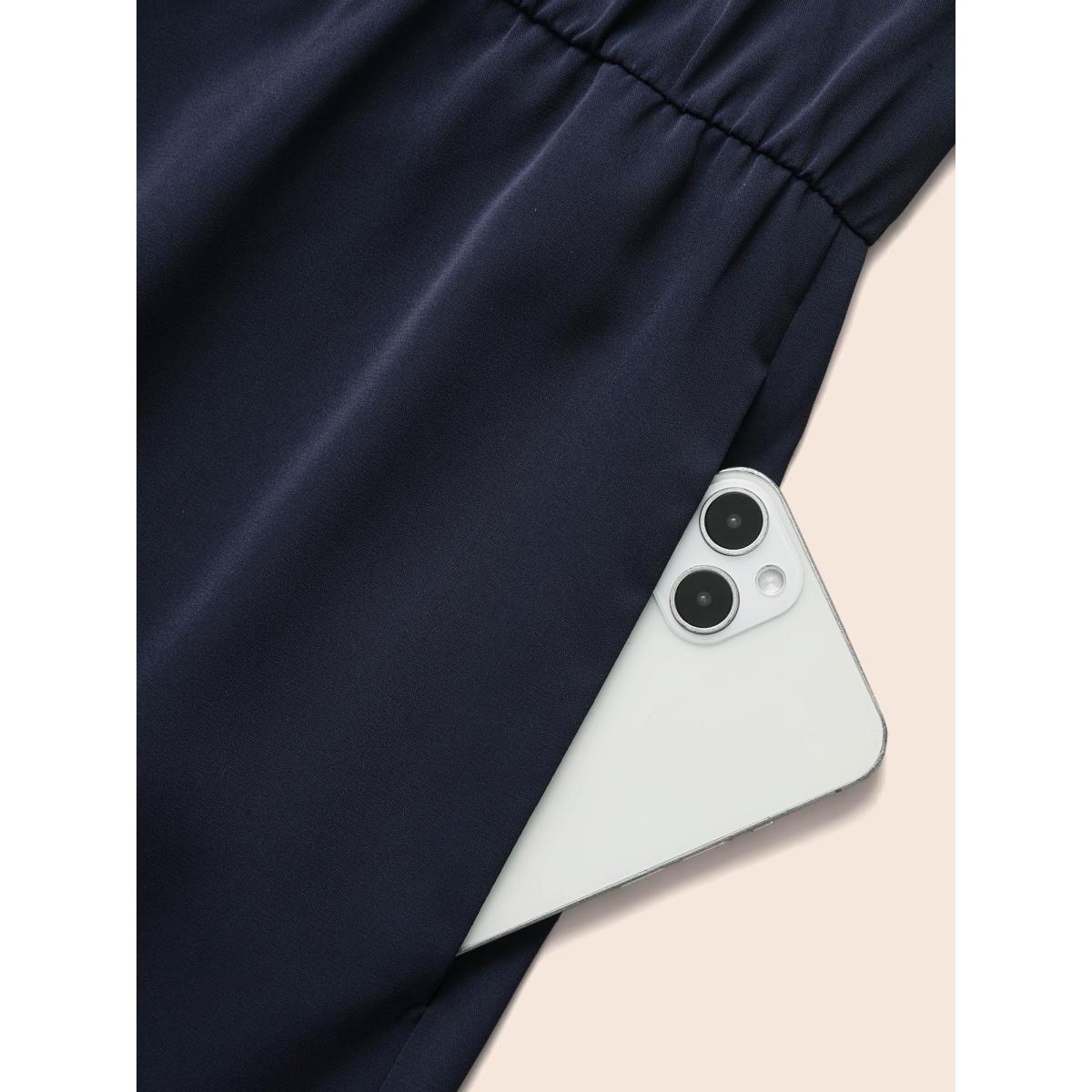 Plus Size Lapel Collar Bowknot Frill Trim Dress Navy Women Elegant Contrast Peter Pan collar Long Sleeve Curvy BloomChic 14-16/1X Product Image