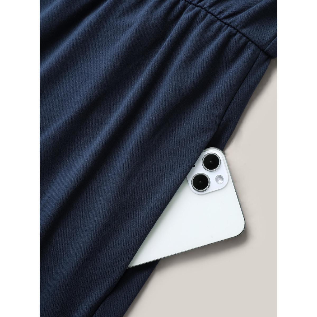 Plus Size Navy Zipper Front Pockets Collar Jumpsuit Women Cap Sleeve V-neck Everyday-Casual Loose Jumpsuits BloomChic 30/6X Product Image